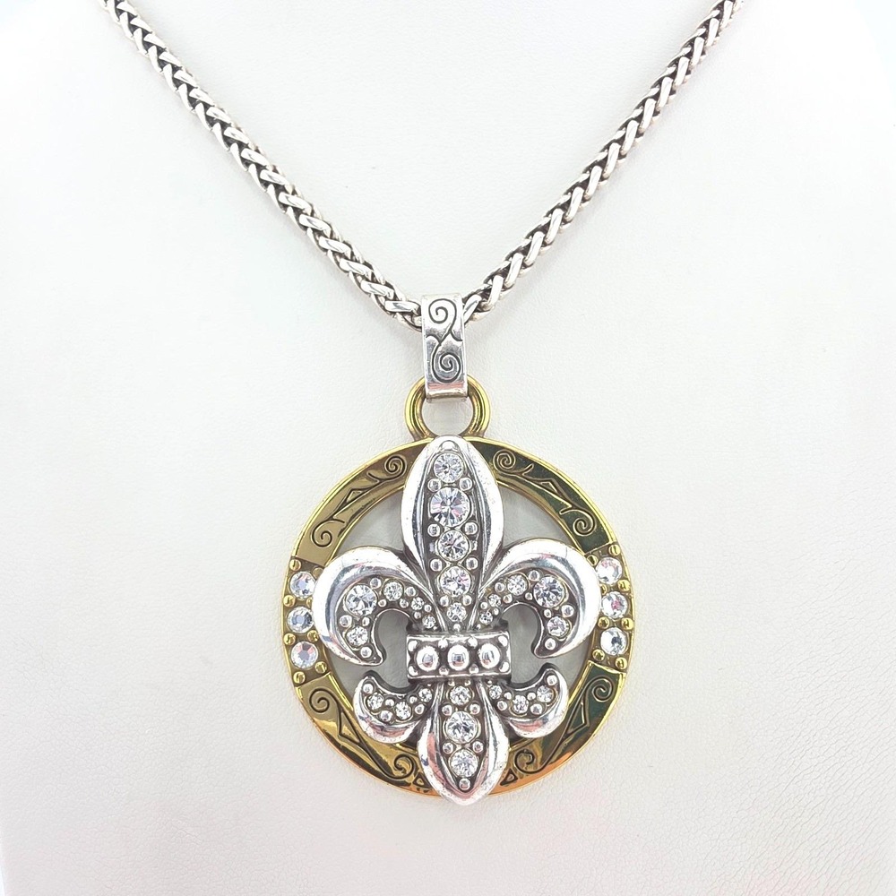 BRIGHTON Fleur De Lis Necklace Reversible Crystal Scroll Silver & Gold Plate 18"